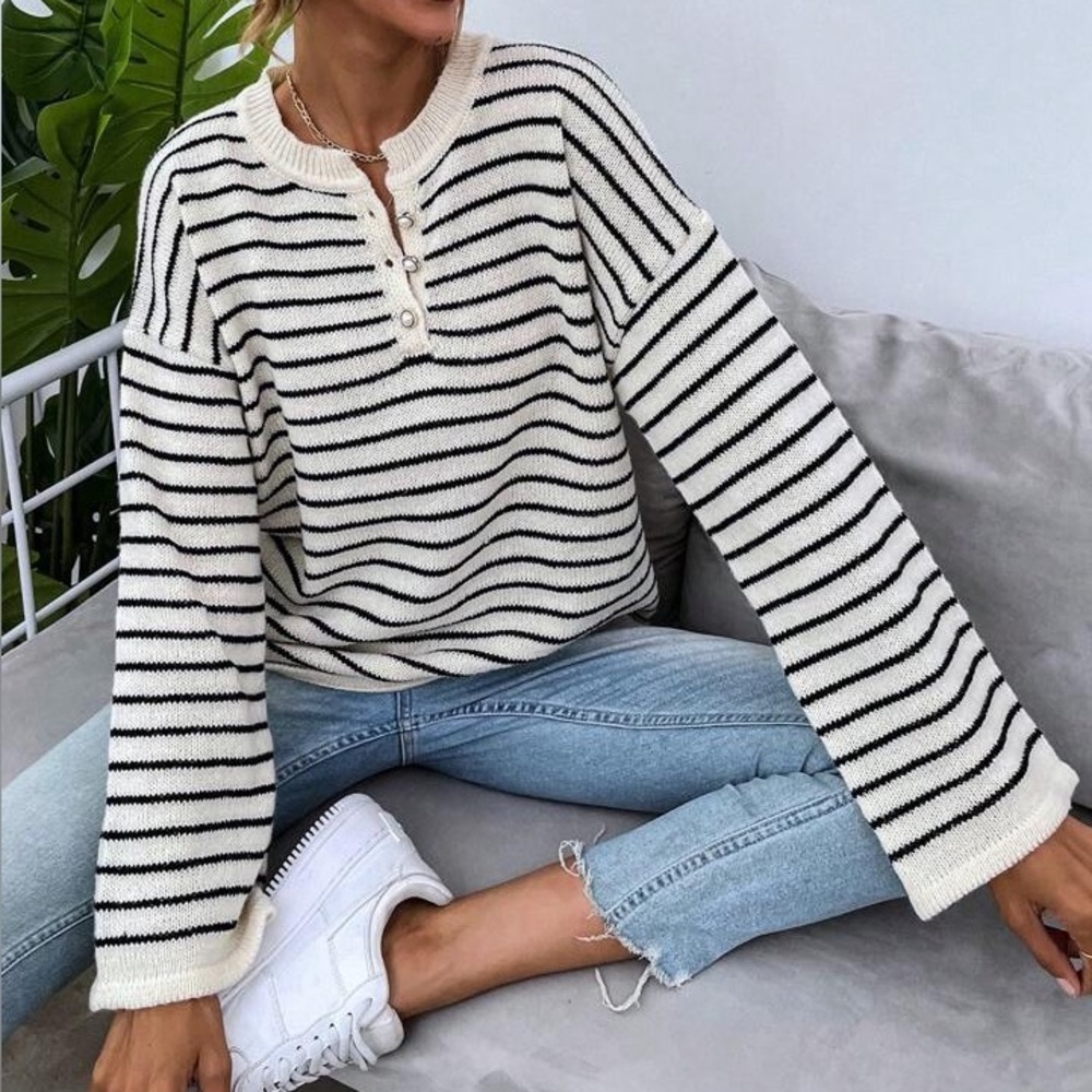 Franclia Striped Drop Shoulder Button Front Sweater